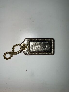 Coach Metallic Silver Leather Key Tag with Gold Chain